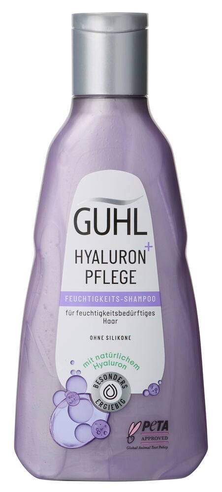 Eine lila Guhl Hyaluron+ Pflege Shampooflasche mit einem silbernen Klappdeckel steht vor einem weißen Hintergrund.