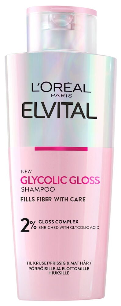 Rosa schampoflaska med skimrande etikett och text.