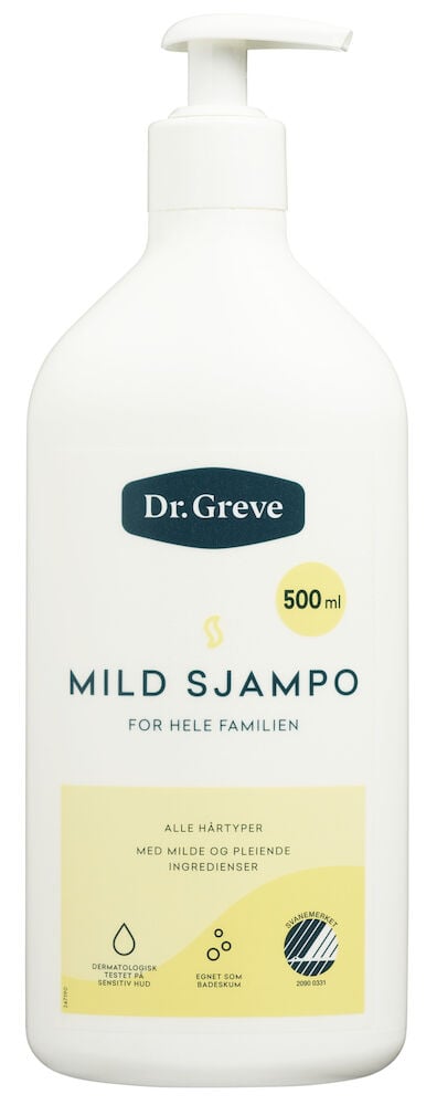 Hvit plastflaske med pumpe for mild sjampo.