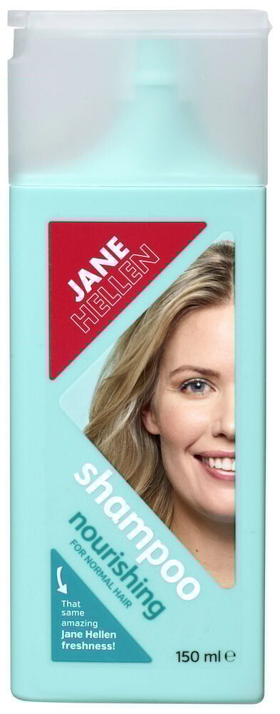 Ljusblå schampoflaska med lock och leende kvinna.