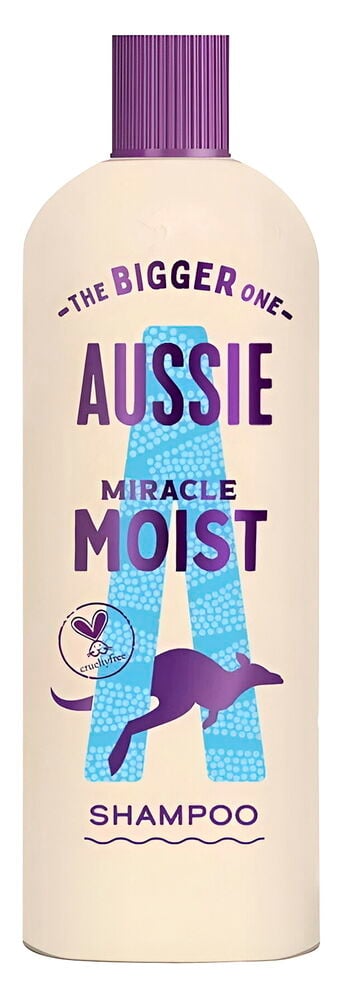 Sjampo Aussie 600 ml Miracle Moist i en kremfarget flaske med riflet lilla kork og kenguruillustrasjon.
