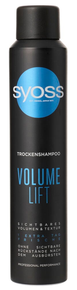 Schwarze Syoss 250 ml Volume Lift Trockenshampoo-Flasche mit blauem Syoss-Logo und weißer Schrift.