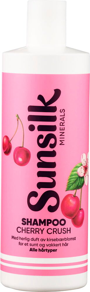 Sjampo Sunsilk Minerals 400 ml Cherry Crush, en rosa flaske med hvit kork og kirsebærillustrasjoner.
