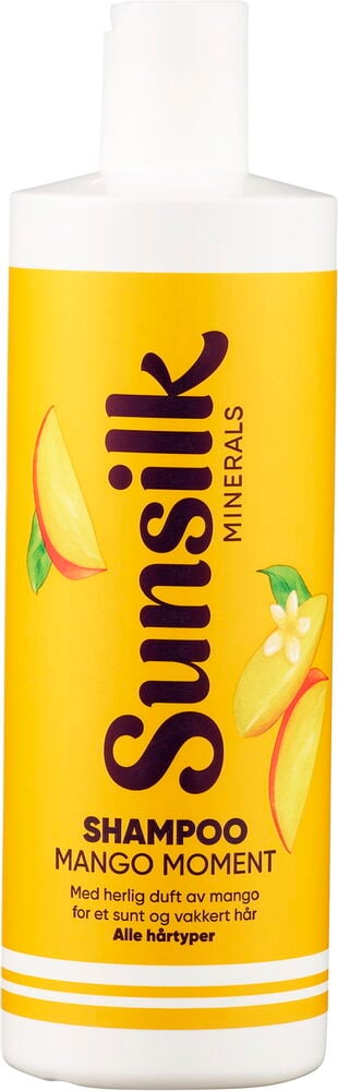 Gul sjampoflaske med hvit kork, med mangoillustrasjon og teksten 'Sunsilk Minerals Mango Moment'.