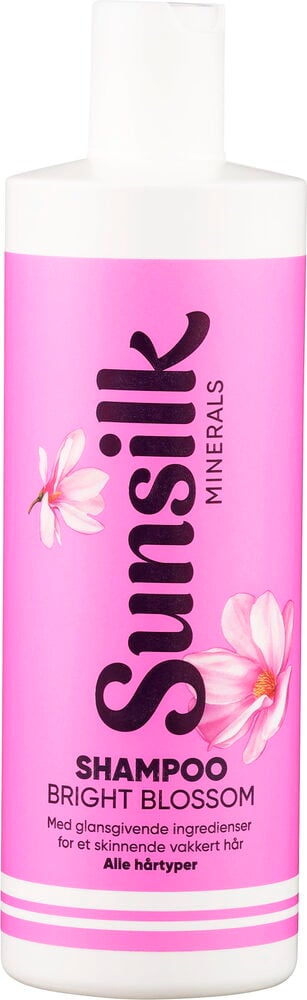 Sjampo Sunsilk Minerals 400 ml Bright Blossom, hvit flaske med rosa blomsteretikett.