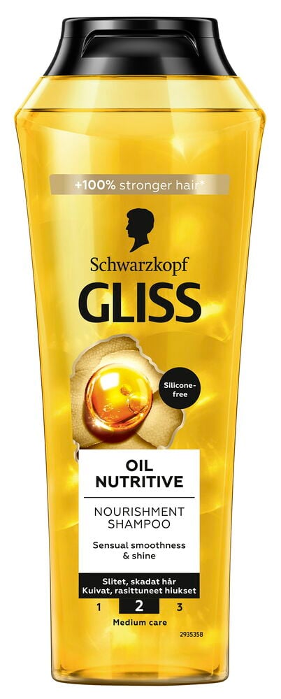 Gliss Oil Nutritive shampoo kirkkaassa keltaisessa pullossa, musta korkki ja öljypisaratarra.