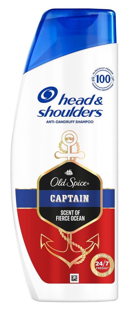 Head & Shoulders Old Spice -shampoopullo, valkoinen sinisellä korkilla ja meriaiheisella etiketillä.