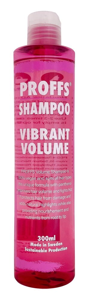 Schampo Proffs 300 ml Vibrant Volume, en rosa flaska med vit text och ett vitt snäpplock.