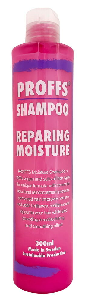 Rosa Proffs Repairing Moisture schampoflaska med lila ränder och transparent snäpplock.