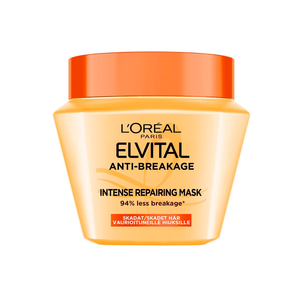 Hårmask Elvital 300 ml Anti-Breakage, en orange och gul burk med orange lock och vit etikett.