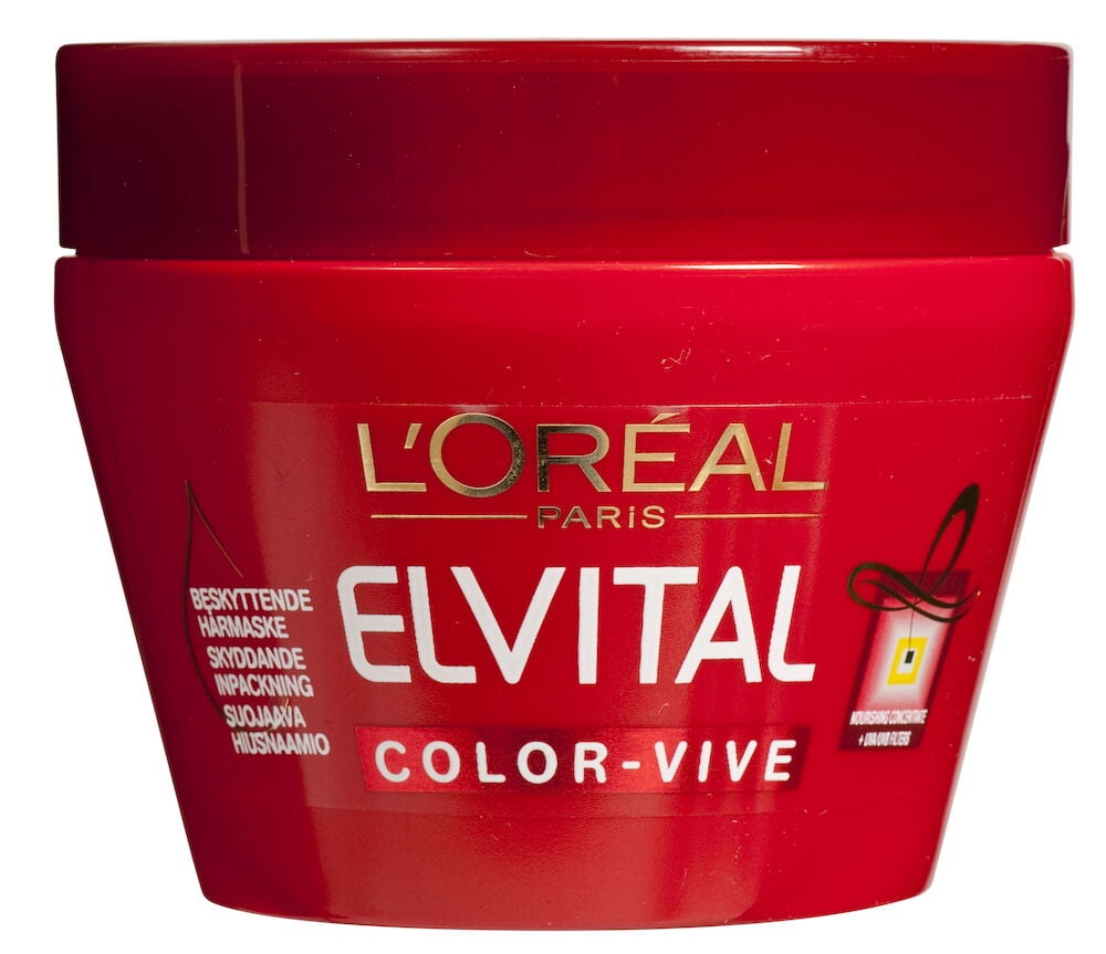 Rød plastboks Elvital hårkur for farget hår.