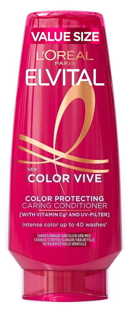 Röd balsamflaska för färgat hår med text.