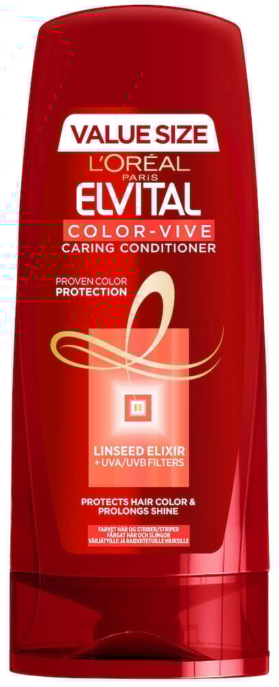 Röd flaska Elvital balsam för färgat hår.