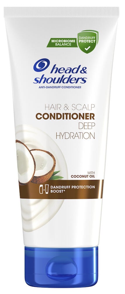 Vit balsamtub med blått lock och kokosmotiv.