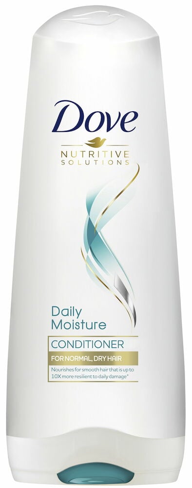 Vit balsamflaska från Dove för daglig hårvård.