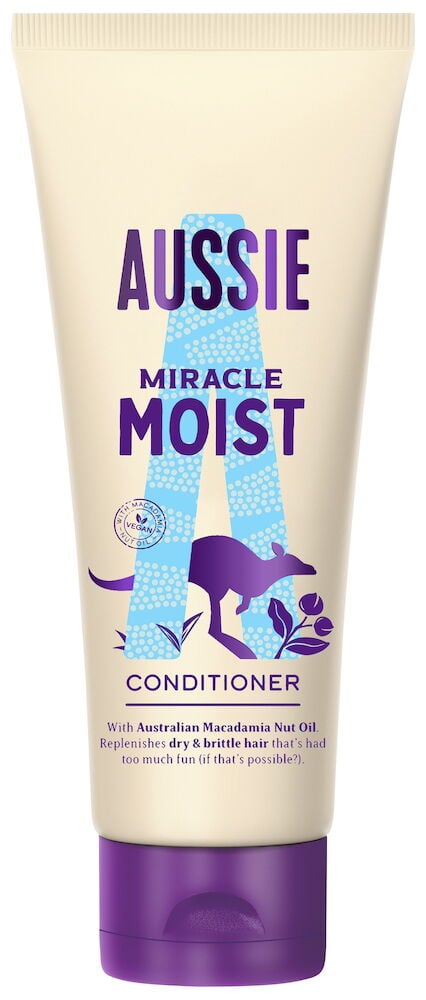 Beige flaska med lila lock och känguruillustration.