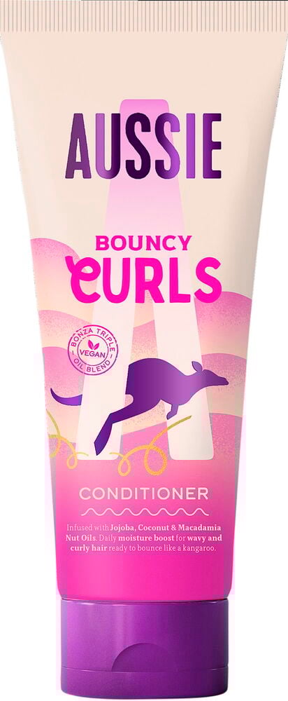 Rosa ja lila putkilo hoitoaine kiharoille hiuksille.