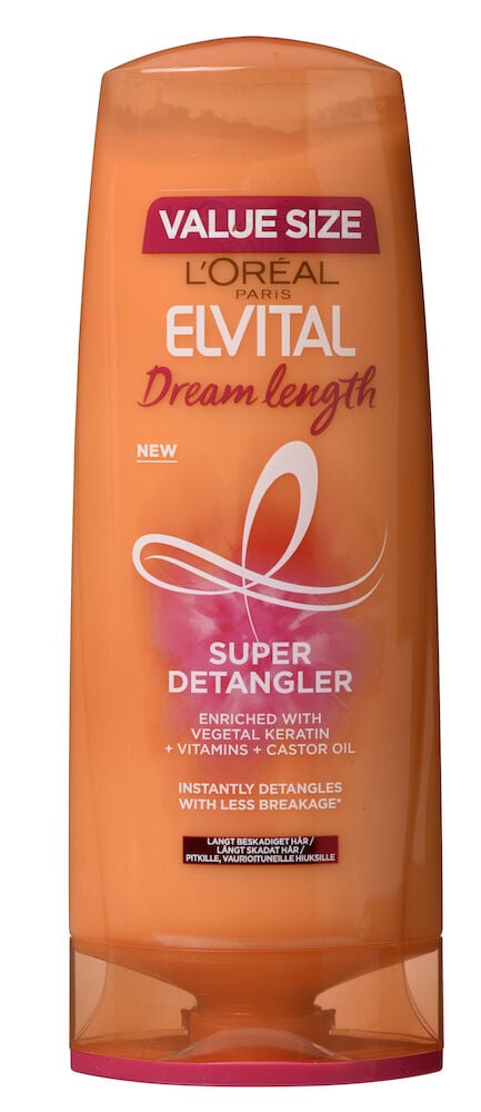 Orange balsamflaska med Elvital Dream Lengths etikett.