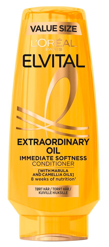 Gul Elvital 400 ml Extraordinary Oil balsamflaska med guld och svart text på vit bakgrund.
