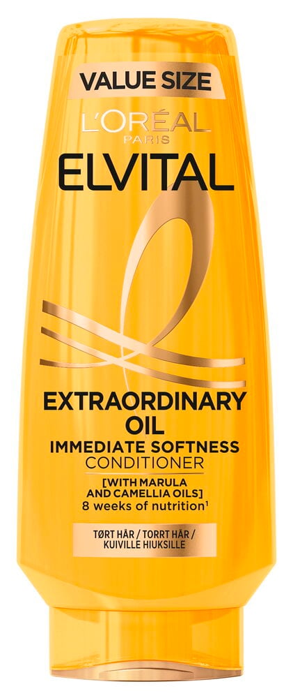 Keltainen hoitoainepullo kuiville ja kiillottomille hiuksille.