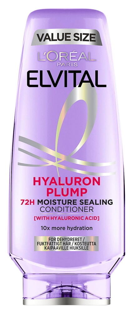 Lila hoitoainepullo kuivalle ja kosteuttavalle hiukselle.