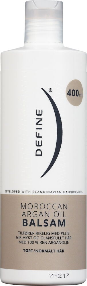 Hvit og beige flaske med balsam for tørt hår.