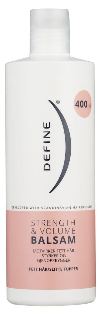 Hvit og rosa flaske balsam med tekstetikett.