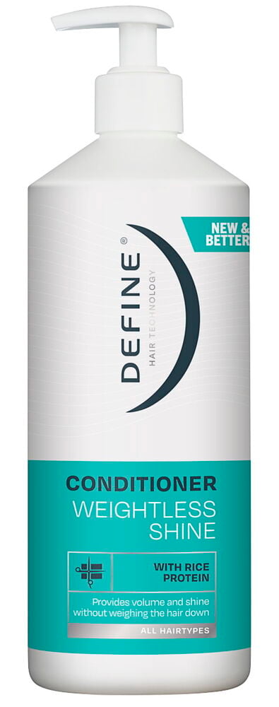 En hvit pumpeflaske med Balsam Define Weightless Shine, med turkis og hvit etikett.