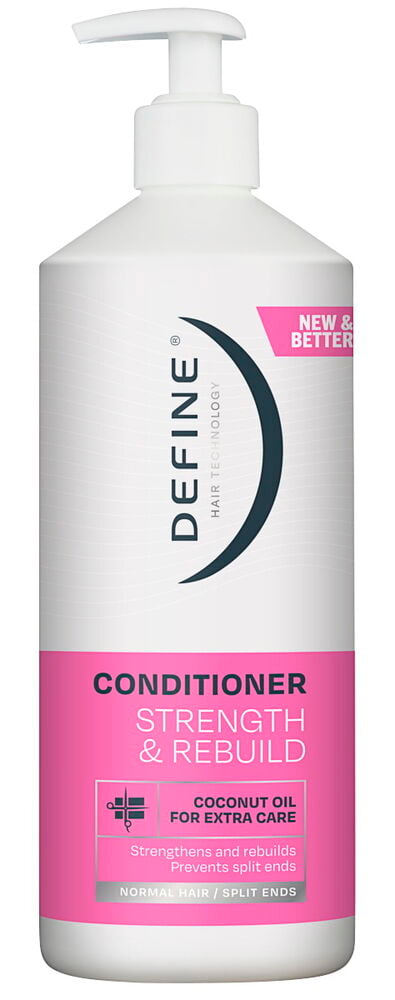 En hvit pumpeflaske med Balsam Define Strength & Rebuild og rosa etikettdetaljer vises forfra.