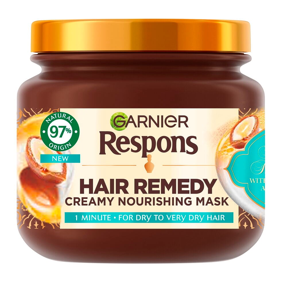 Hiusnaamio Respons Argan Richness tummanruskeassa purkissa, jossa kiiltävä kultakansi.