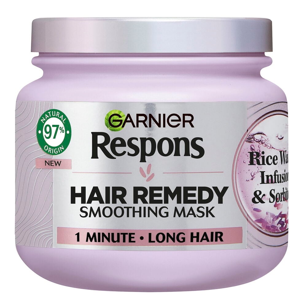 Lila Garnier Respons 340ml Rice Water hårmask i burk med silverlock, framifrån.