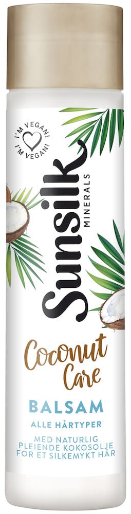Hvite flaske Sunsilk balsam med kokospalme Motiv og blader.