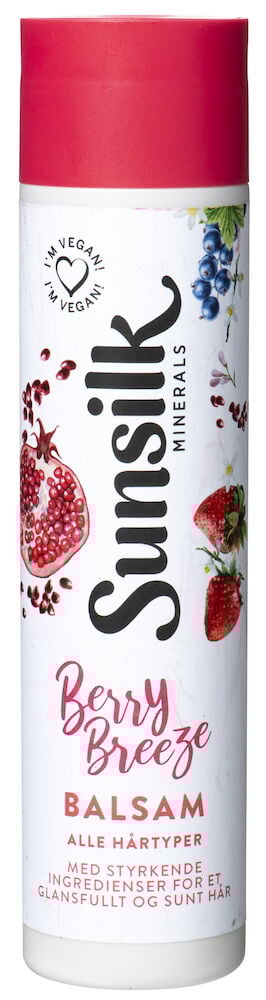 Flaske med rosa lokk og bærmotiv for balsam.