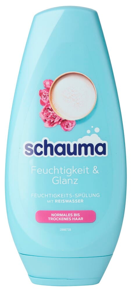 Hellblaue Schauma Pflegespülungsflasche für normales bis trockenes Haar, mit rosa Blüten und Schaum.