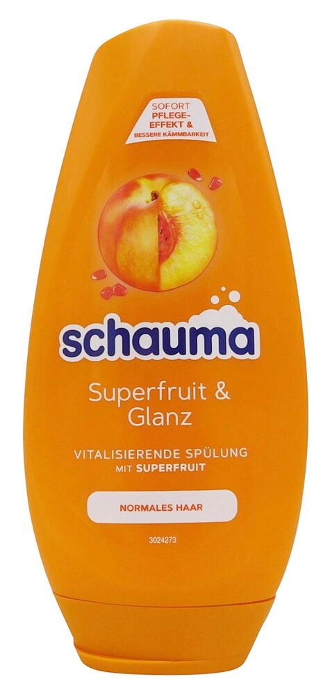 Orangefarbene Flasche Pflegespülung Schauma 250 ml, mit Pfirsichbild und Text.
