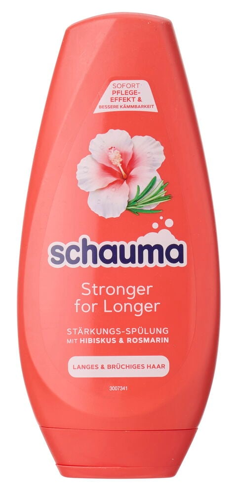 Korallfarbene Schauma Stronger for Longer Pflegespülung Flasche mit Hibiskus- und Rosmarin-Illustration.