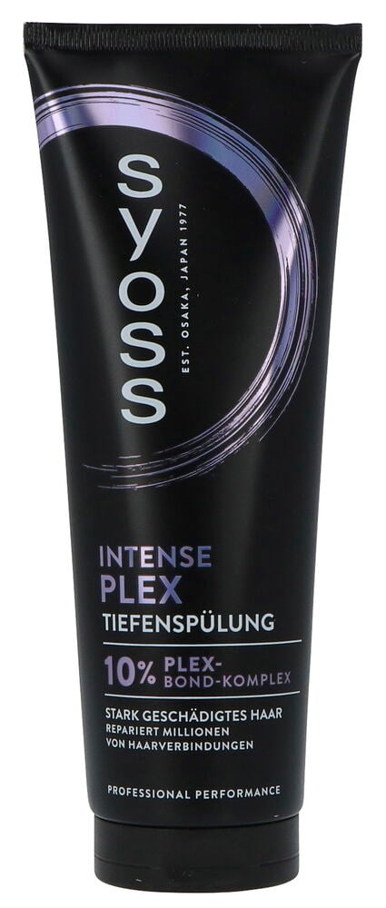 Eine schwarze Tube Syoss Intense Plex Pflegespülung mit lila und weißer Schrift, Vorderansicht.