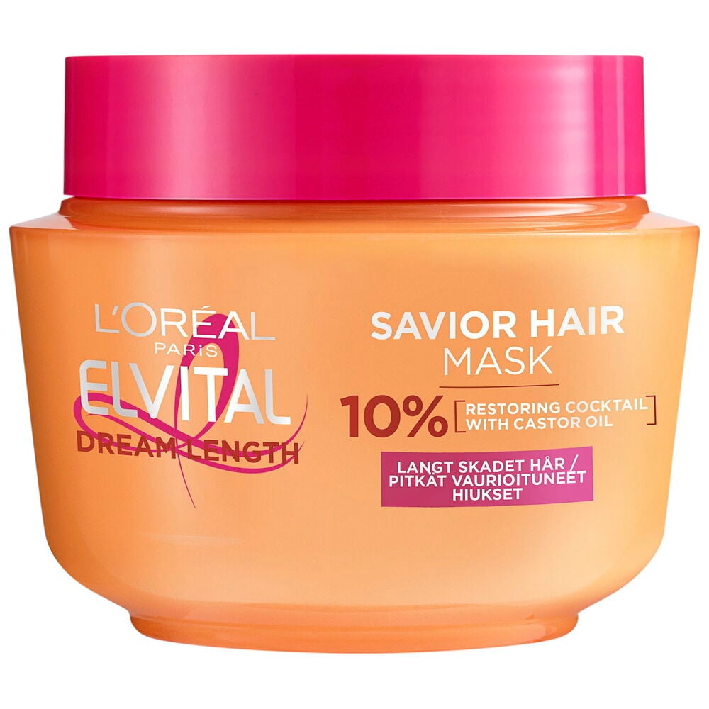 Oranssi purkki, jossa vaaleanpunainen kansi hiusnaamiolle.