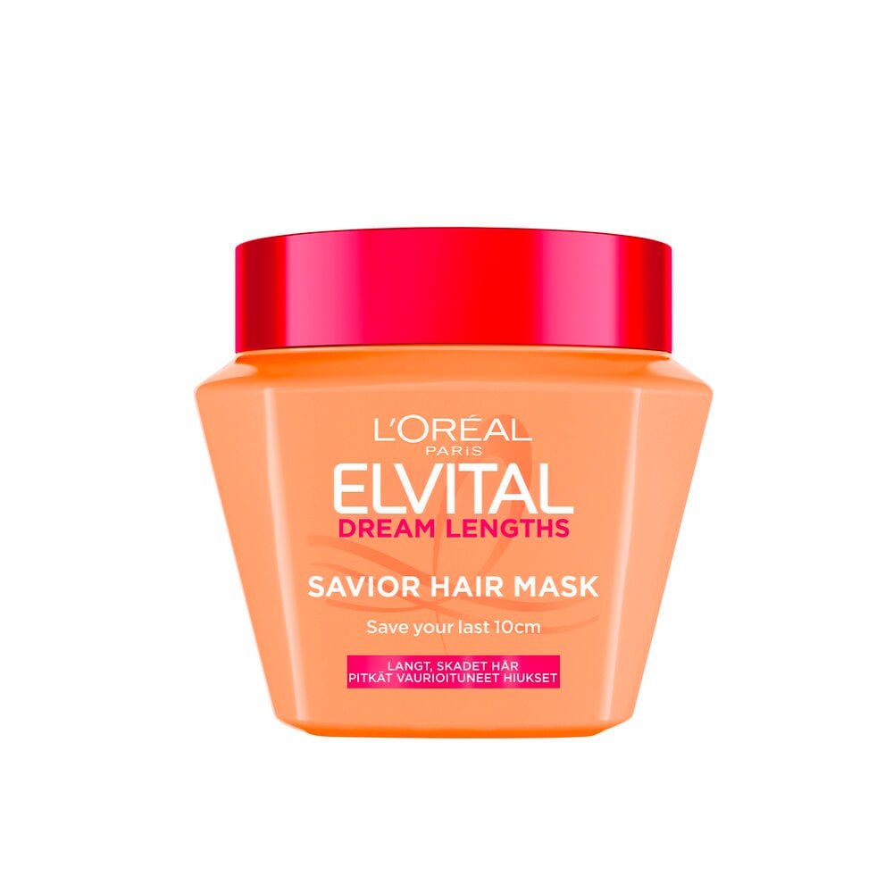 Hiusnaamio Elvital 300 ml Dream Lengths, oranssi purkki kirkkaan pinkillä kannella, edestäpäin.