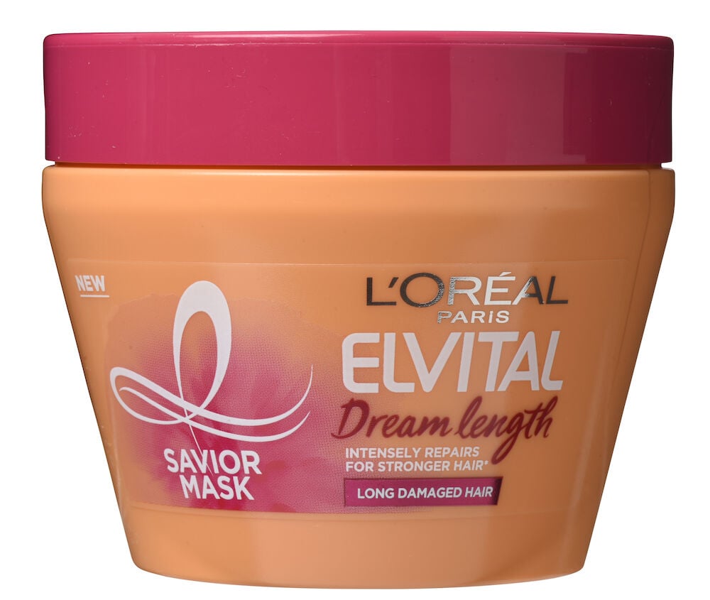 Oransje boks med rosa lokk og Elvital Dream Lengths etikett.