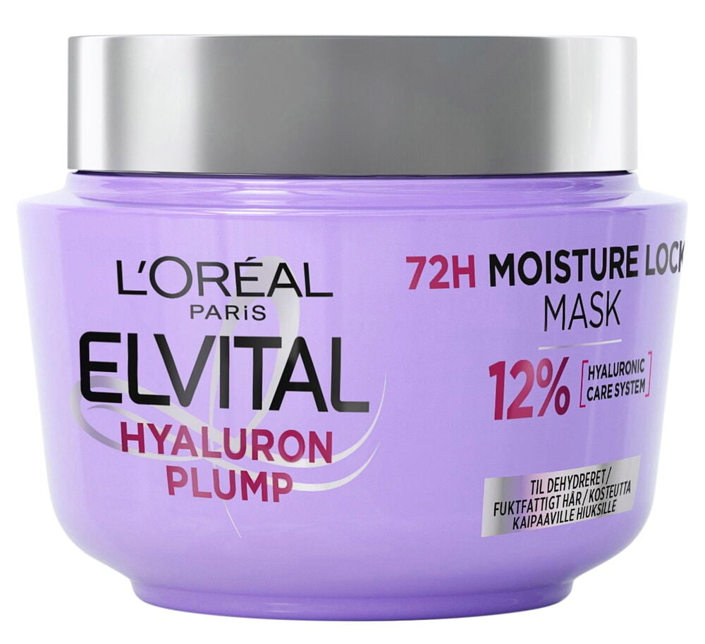 Lila purkki Elvital Hyaluron Plump hiusnaamio.