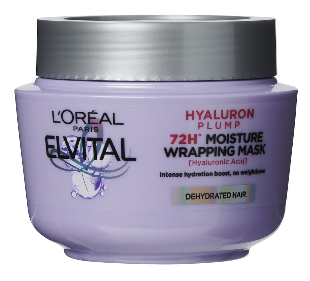 Lys lilla boks Elvital hyaluron plump hårmaske.