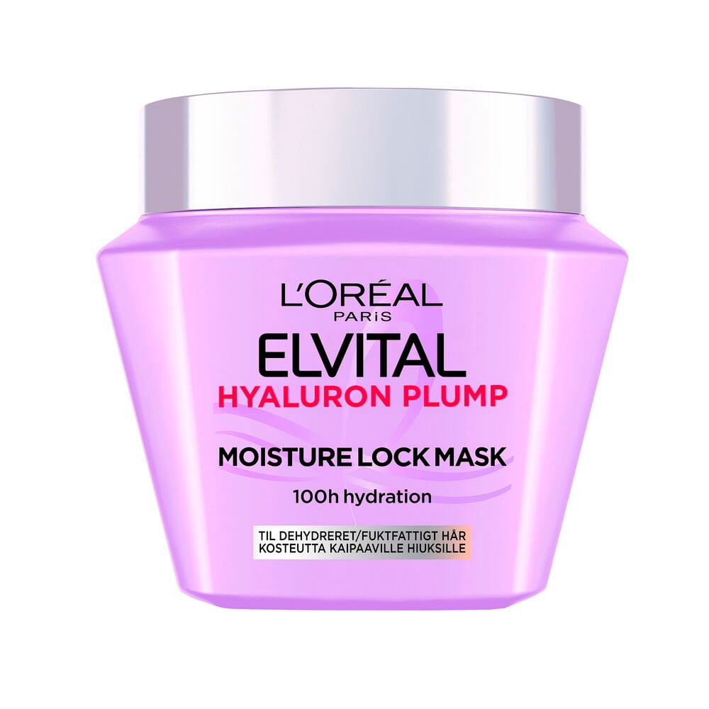 Hårmask Elvital 300 ml Hyaluron Plump. En lila plastburk med silverfärgat lock, framifrån.