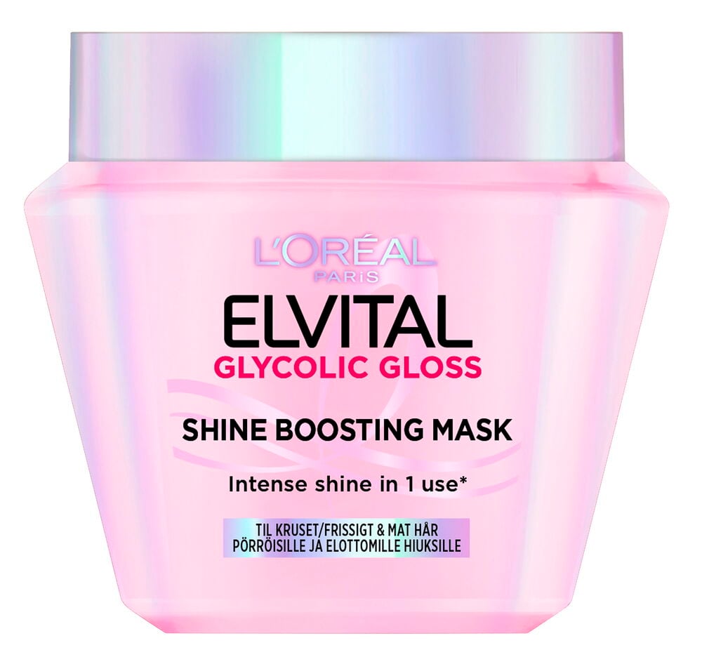 Rosa Elvital Glycolic Gloss hårmask i en 300ml pärlemorskimmrande burk med ett iriserande lock.