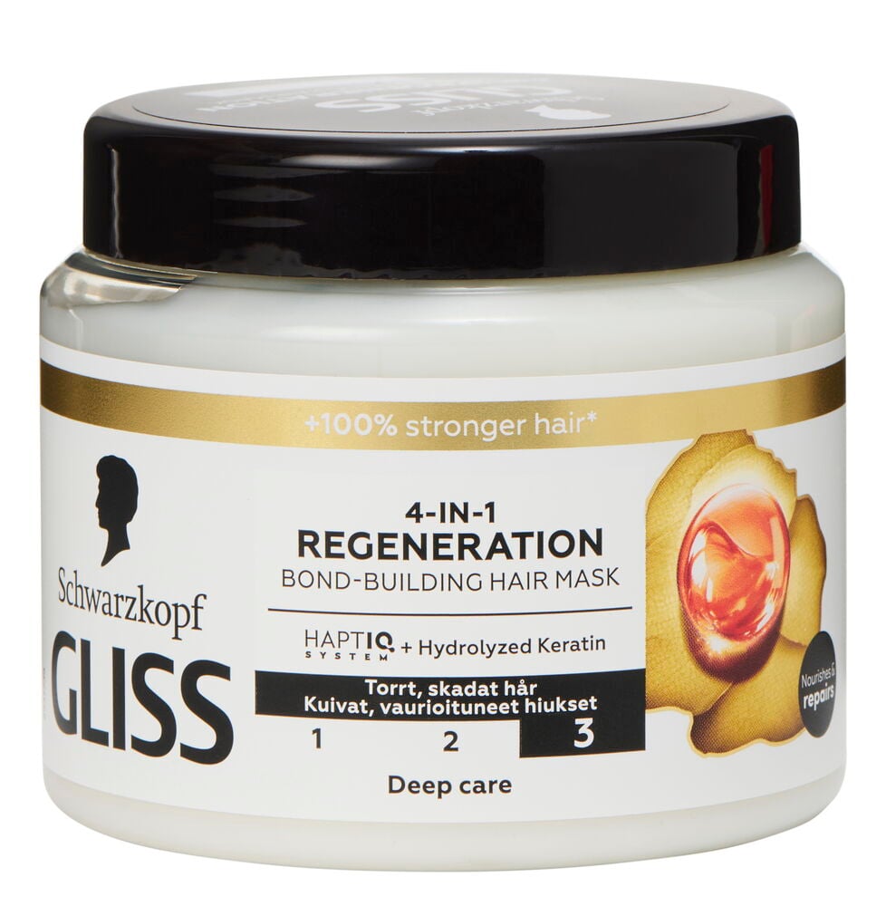 Boks med svart lokk og etikett for hårmaske.