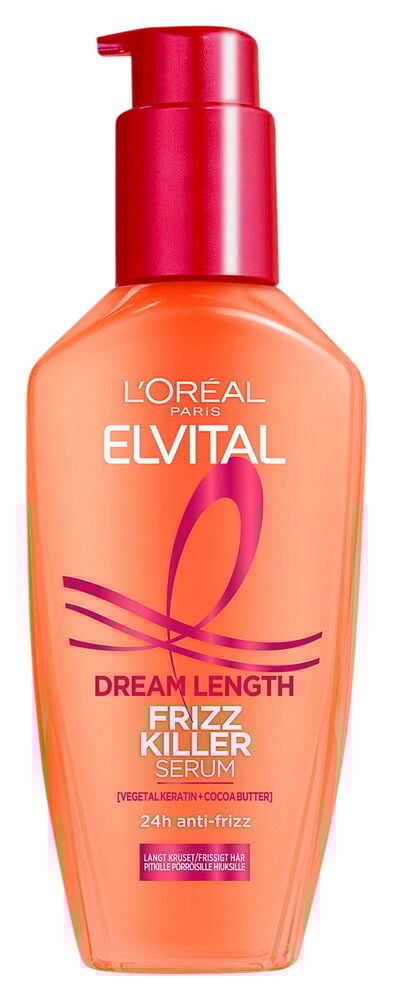 Orange pumpflaska med Elvital Dream Lengths Frizz Killer Serum.