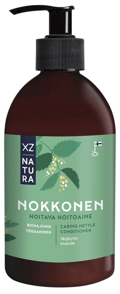 Ruskea muovipullo, jossa pumppu ja vihreä etiketti.