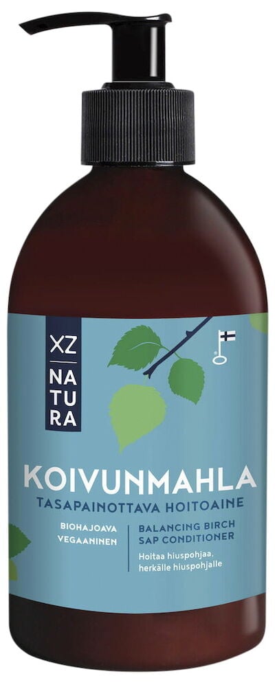 Ruskea muovipullo, jossa musta pumppu ja sininen etiketti.