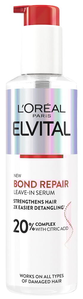 Vit flaska Elvital Bond Repair serum med pump.