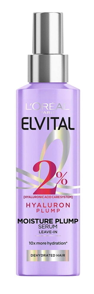 Hiusseerumi Elvital 150 ml Hyaluronic Plump lila sylinterimäisessä suihkepullossa hopeakorkilla.